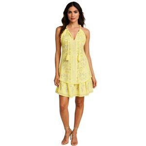Hale Bob Yellow Embroidered Ruffle Hem Sleeveless Boho Mini Dress